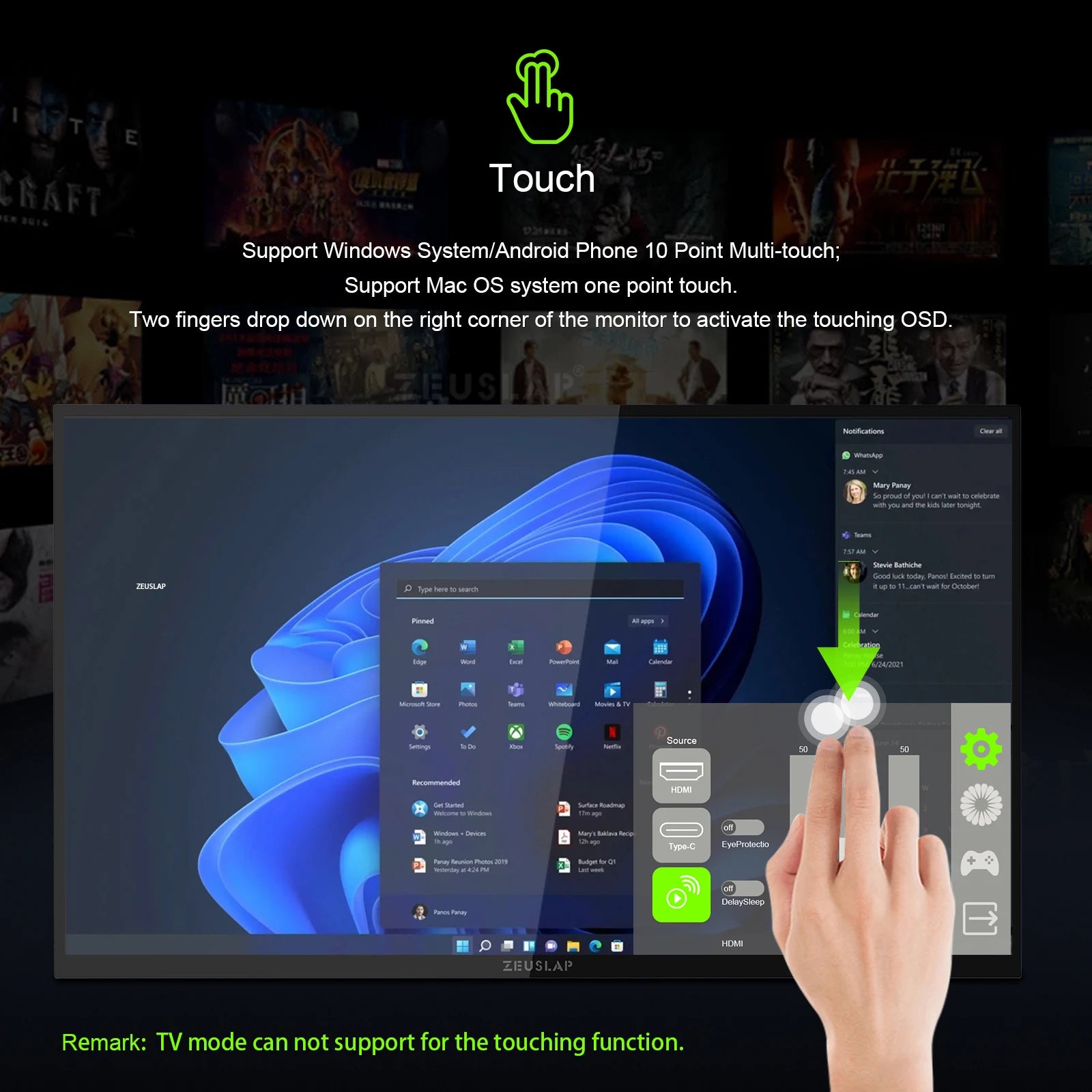 ZEUSLAP 18,5" pametni prenosni zaslon | Google TV, zaslon na dotik, USB‑C in HDMI