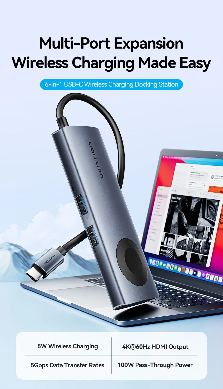 Vention USB‑C 6‑in‑1 Hub | 4K60Hz HDMI, PD 100W, USB 3.0, Apple Watch Wireless Charger