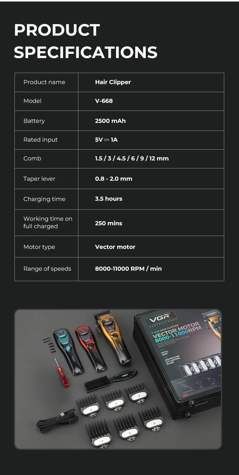 VGR Trimmer Cordless Hair Clipper Rechargeable Hair Cutting Machine Vector Motor Barber 11000 RPM Metal Trimmer for Men V-668
