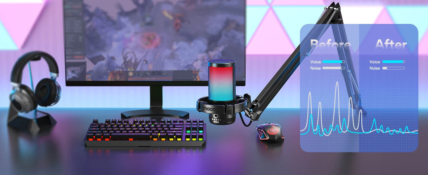 Maono DGM20S – USB Gaming Condenser Microphone | RGB Lighting, Noise Cancellation & Boom Arm for Streaming, Podcasting, YouTube & TikTok