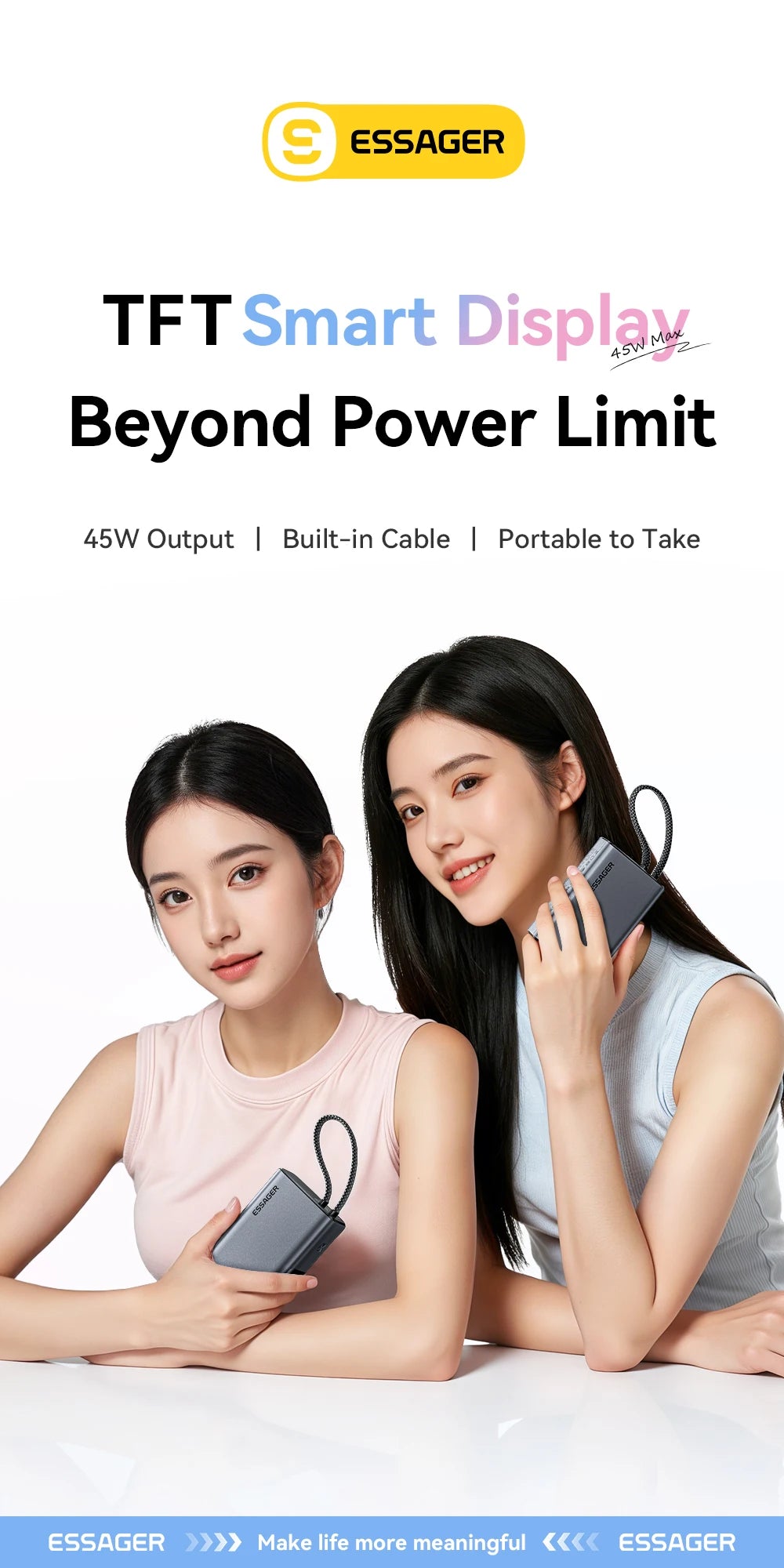 ESSAGER 45W Power Bank 10000mAh with Built-in USB-C Cable