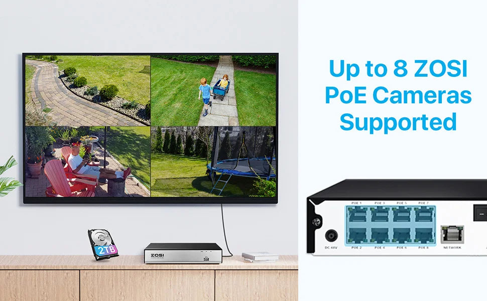 ZOSI 4K 8MP PoE Security Camera System – 8CH H.265+ NVR with 5MP/8MP Outdoor IP Cameras | AI Human/Vehicle Detection & Full‑Color Night Vision | Home & Business CCTV Kit
