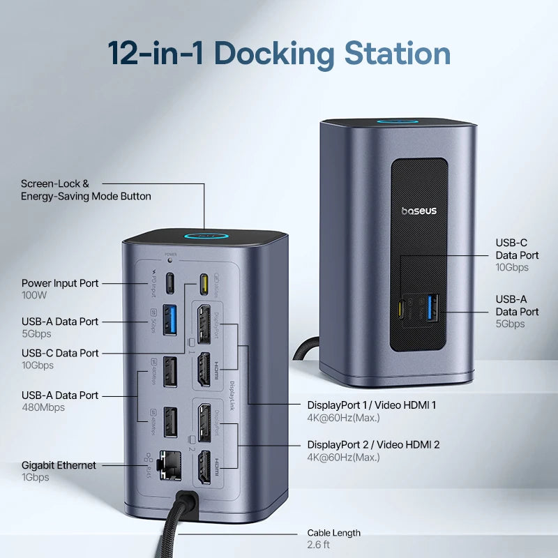 Baseus 12‑in‑1 USB‑C HUB | DisplayPort + HDMI 4K@60Hz MST, USB 3.2, RJ45, PD 100W Docking Station