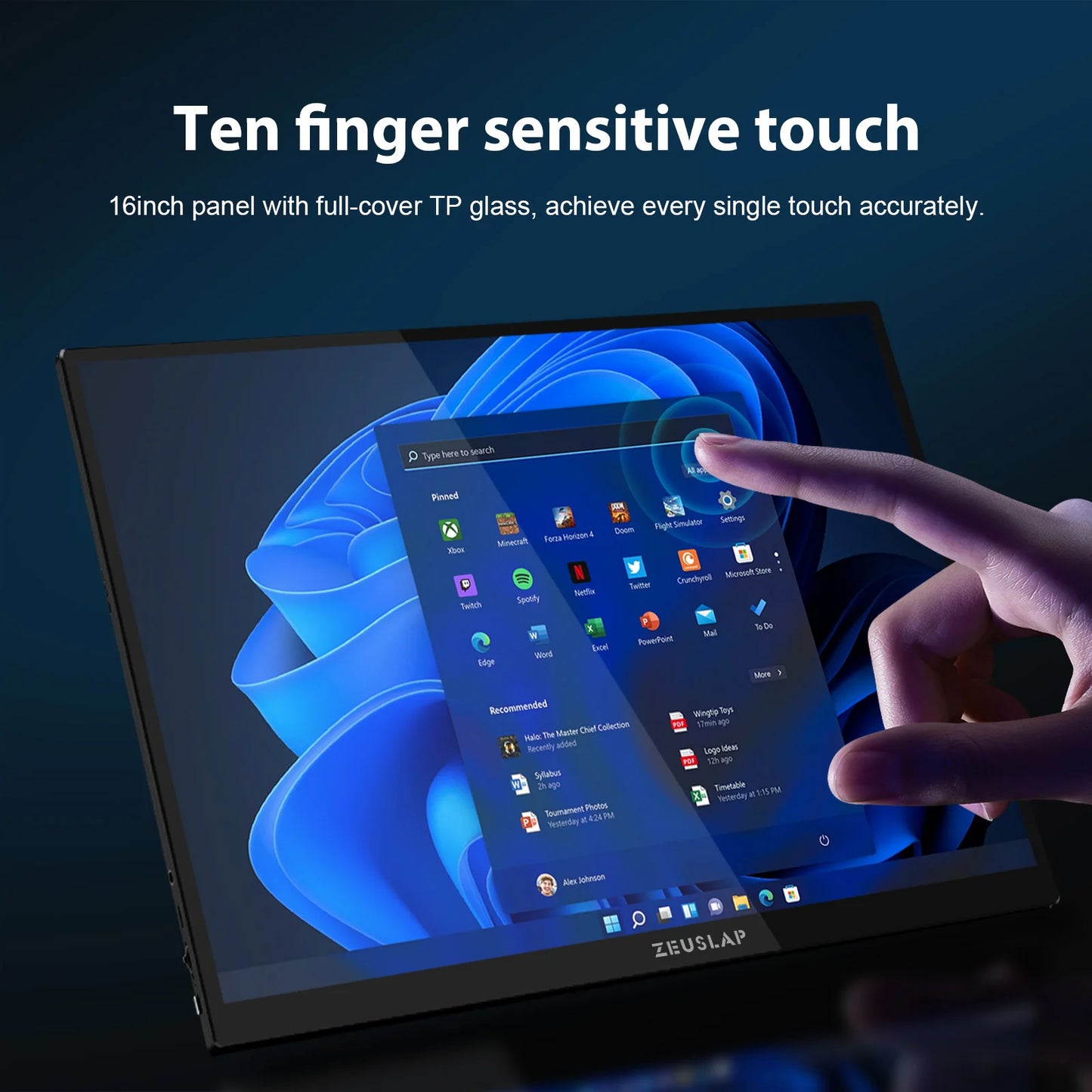 ZEUSLAP 16" 2.5K 144Hz Prenosni monitor na dotik | 2560×1600, 100 % sRGB, 500 nitov