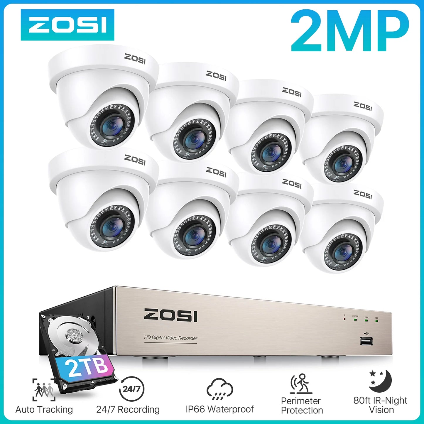 ZOSI 8CH 1080P Wired Security Camera System – H.265+ 5MP Lite DVR Recorder with 2MP Indoor/Outdoor
