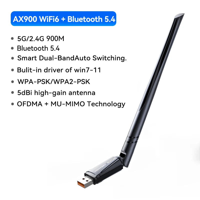 Vention WiFi 6 AX900 USB Adapter | Dual‑Band 2.4/5GHz Wireless Dongle for Windows PC & Laptop