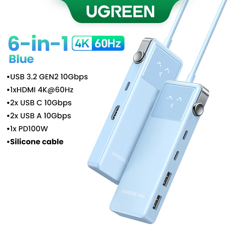 UGREEN Uno USB‑C Hub | 4K60Hz / 2K120Hz HDMI, RJ45 1000Mbps, PD100W, USB 3.0 Splitter for MacBook & Laptops