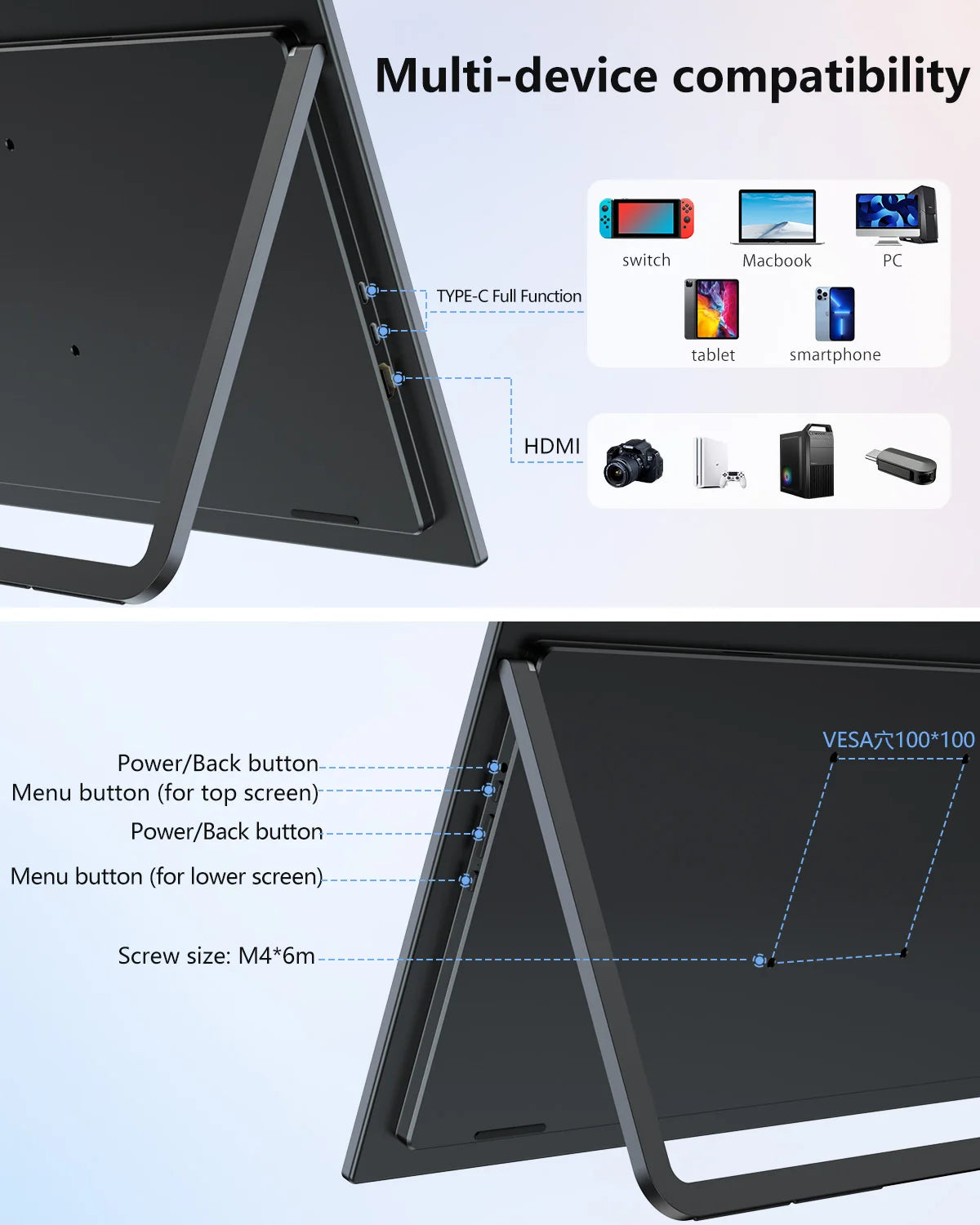 23.8" 100Hz Dual Screen Stacked Computer Monitor 1080P HDR 360° Folding Triple Portable Display for Laptop PC Phone Game Console - Limetastore