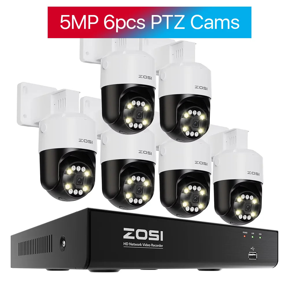 ZOSI 5MP PTZ PoE Security Camera System – 8CH 8MP NVR Kit with Two‑Way Audio | AI Face Detection
