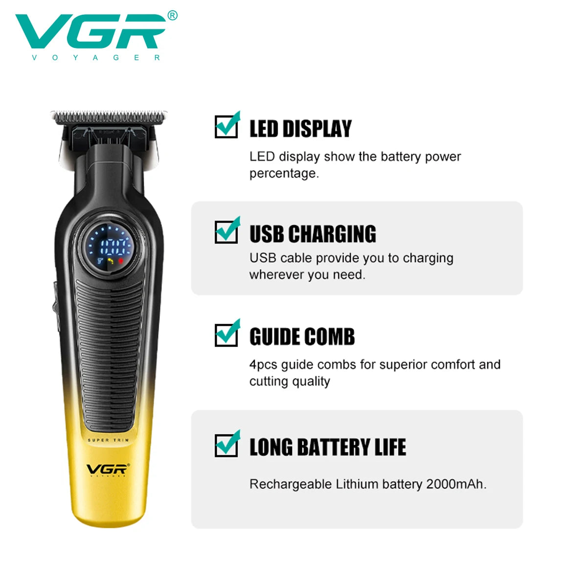 VGR Hair Cutting Machine Cordless Trimmer Electric Hair Clipper Rechargeable Haircut Barber Professional Trimmer for Men V-996