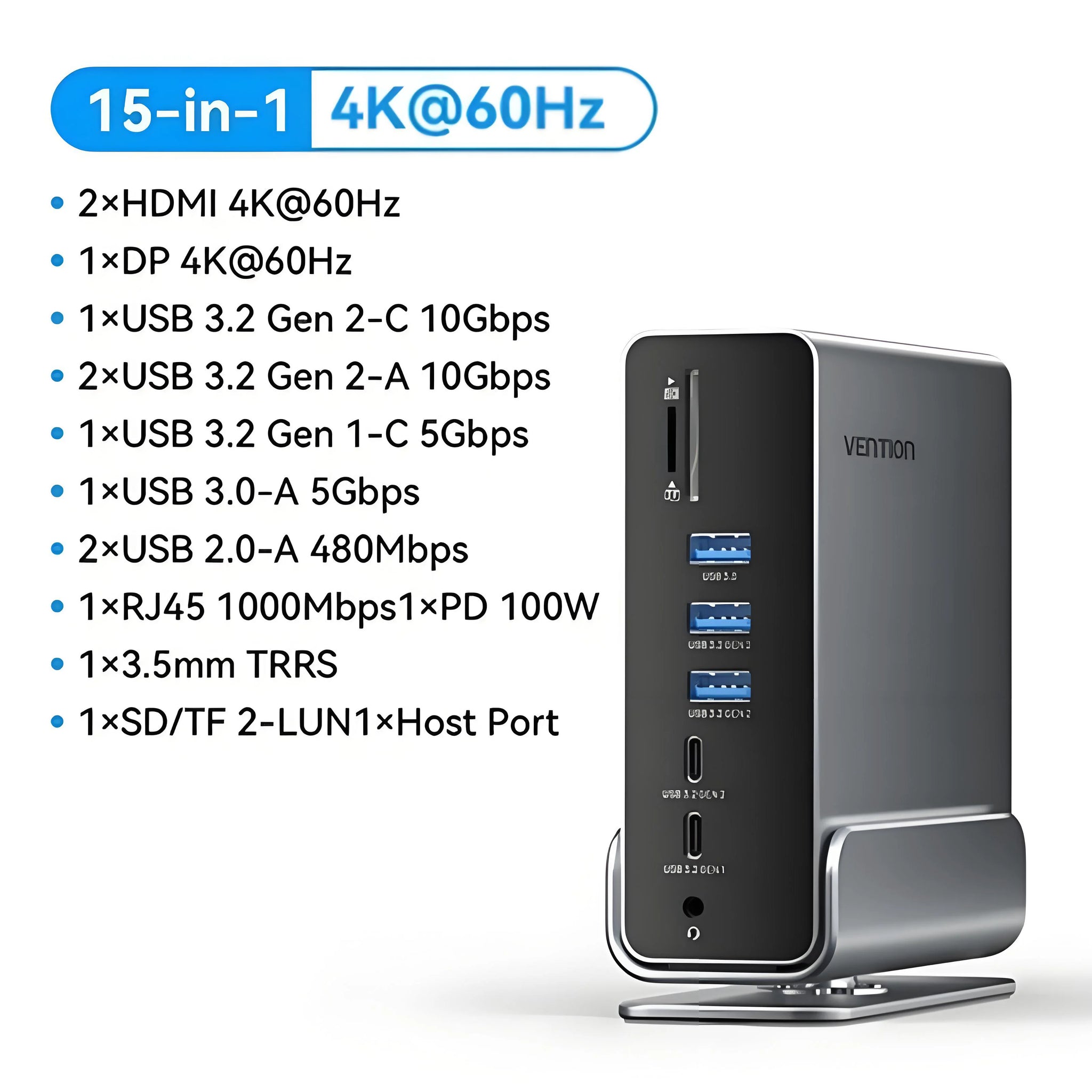 Vention USB‑C 15‑in‑1 Dock | Triple Monitor 4K 60Hz HDMI + DP, USB 3.2, PD 100W for MacBook & Windows