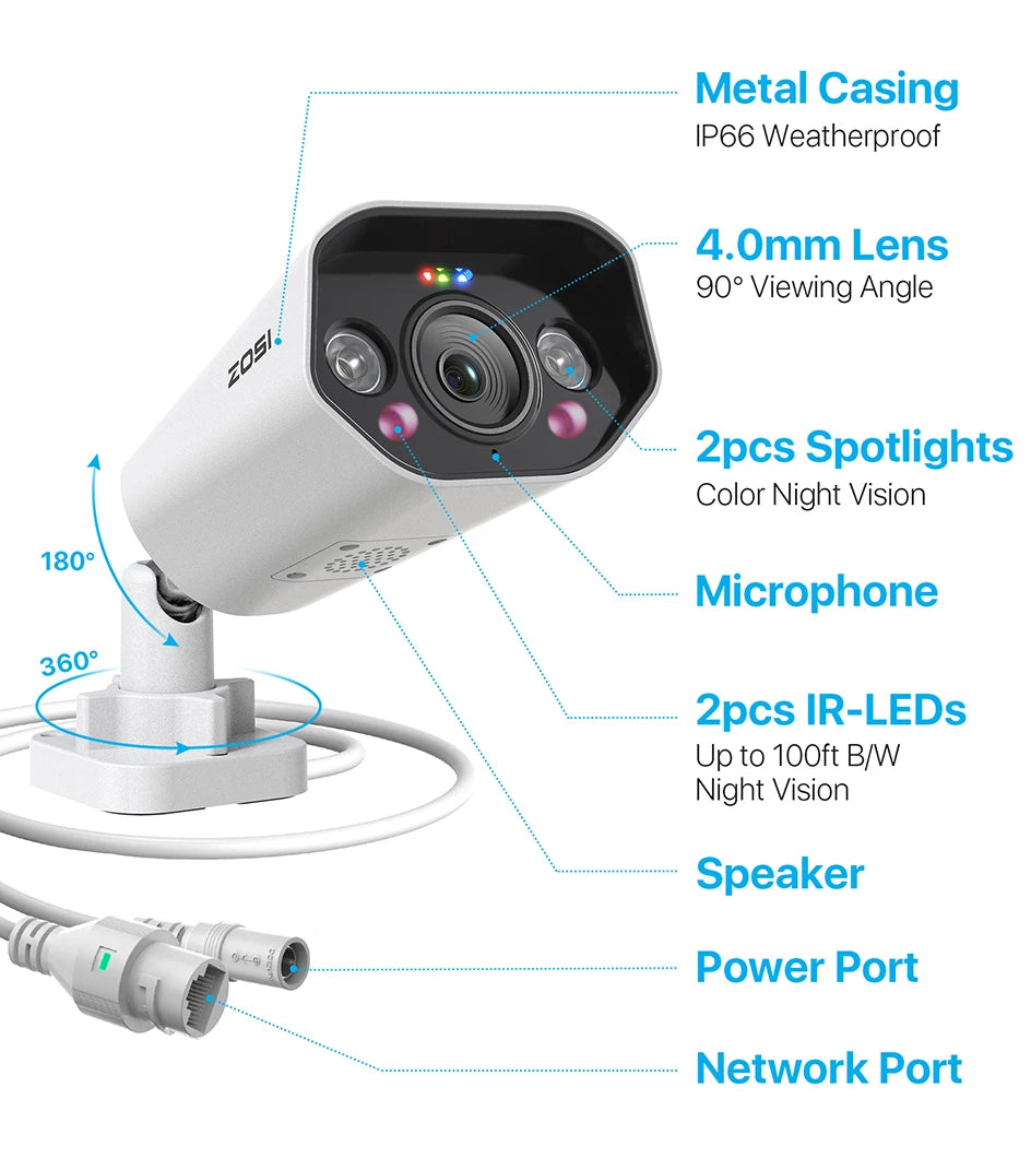 ZOSI 4K 8MP PoE Add‑On IP Camera – Ultra HD Security Cam with Two‑Way Audio, Full‑Color Night Vision
