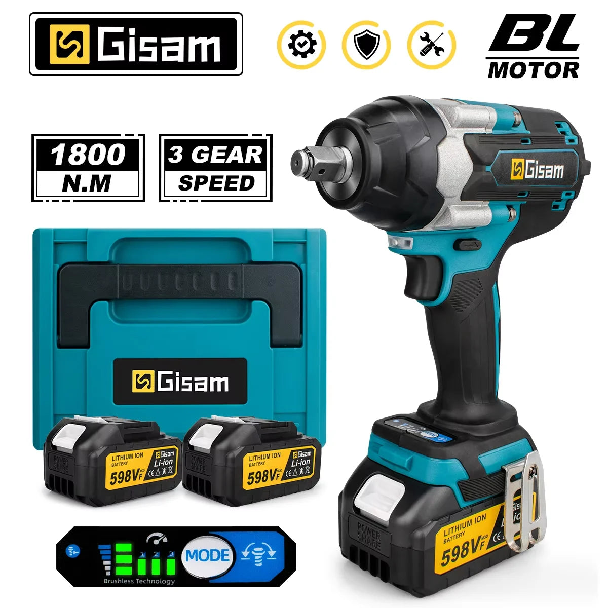 Gisam 1800N.m Brushless Impact Wrench 1/2" for Makita 18V