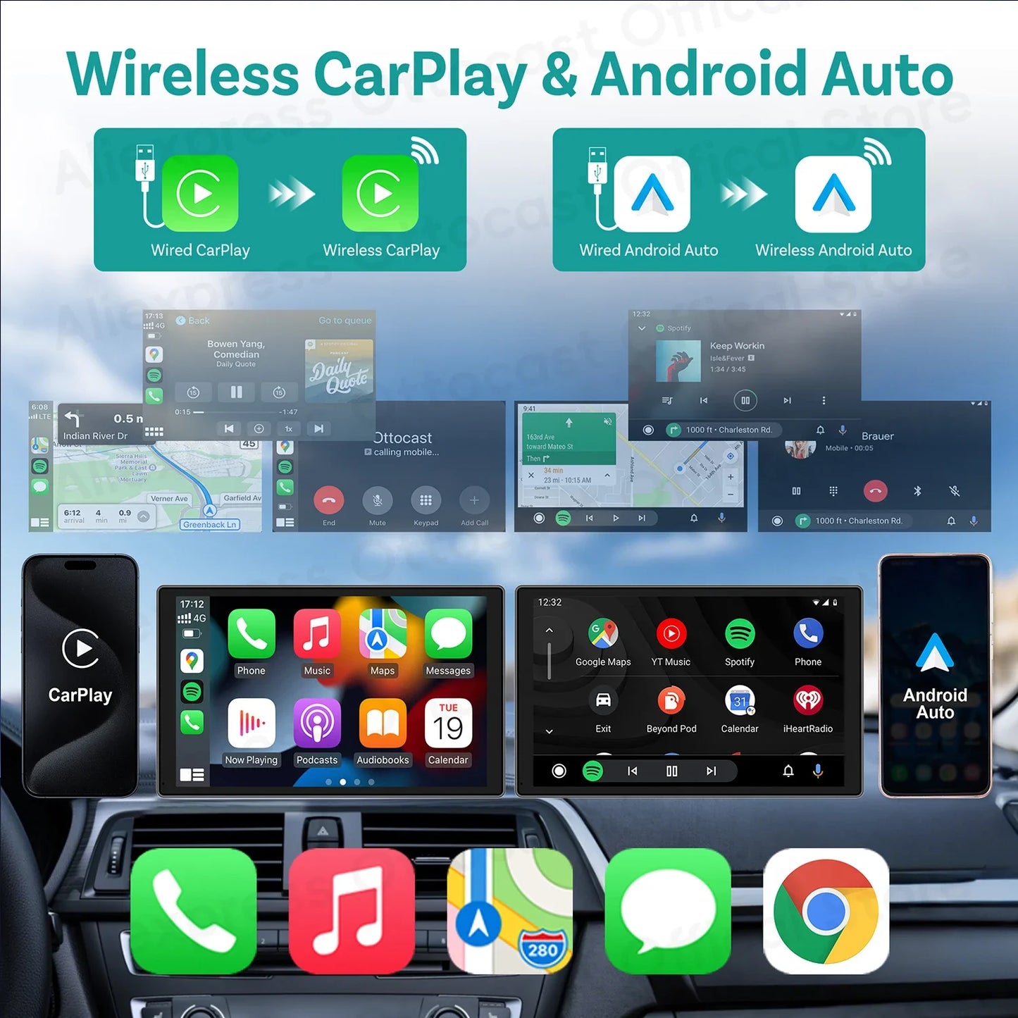 OTTOCAST Mini Slim Cube Wireless CarPlay & Android Auto Adapter