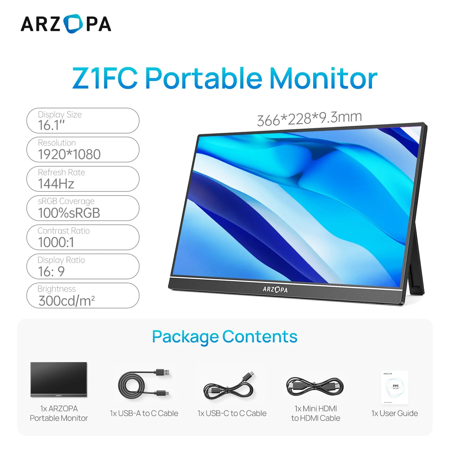 ARZOPA Z1FC 16.1" Portable Gaming Monitor | 144Hz, 1080P FHD, 100% sRGB, IPS, USB‑C & HDMI