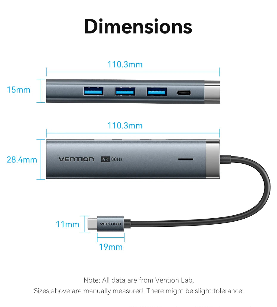 Vention 5‑in‑1 USB‑C Hub | 4K60Hz HDMI, USB 3.0, PD100W Multiport Dock for MacBook & Android