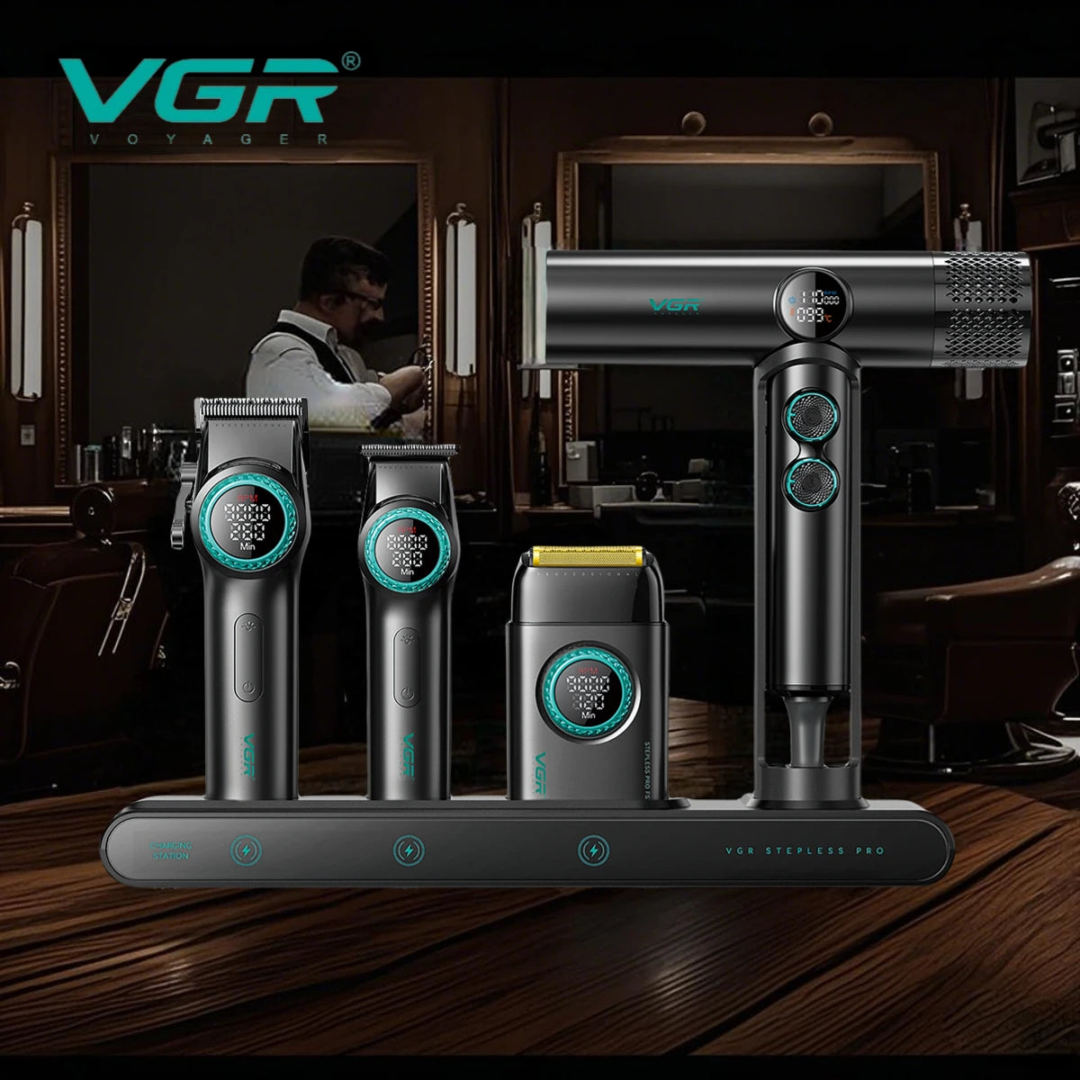 VGR Trimmer Professional Hair Clipper 9000 RPM Barber Cordless Shaver Electric Hair Dryer Stepless Pro 4 in 1 Trimmer for Men