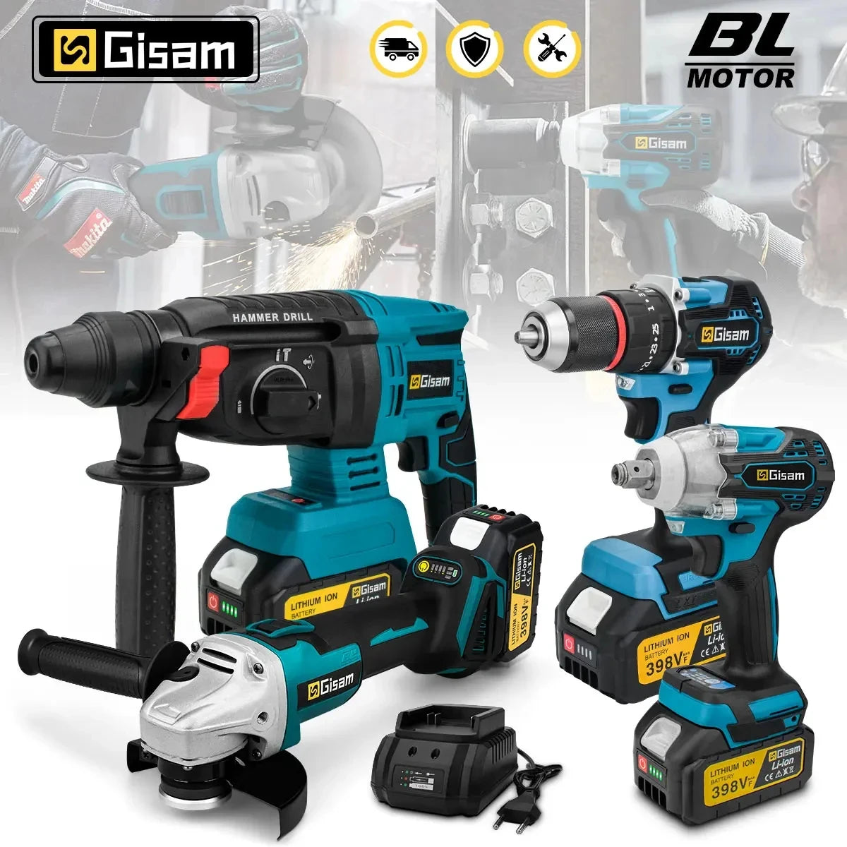 Gisam Brushless Power Tools Set for Makita 18V – Impact Wrench, Drill, Grinder, Hammer