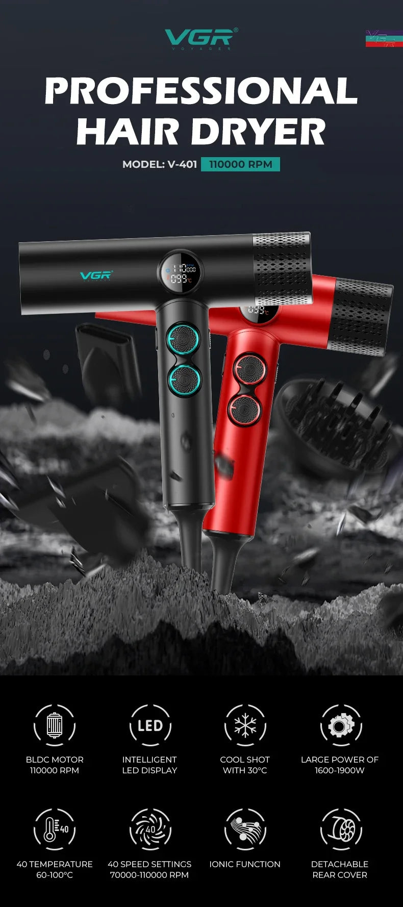 VGR Hair Dryers Professional Hair Dryer Machine Negative Ion 110000 RPM Air Blower Barber Salon BLDC Motor Home Appliance V-401