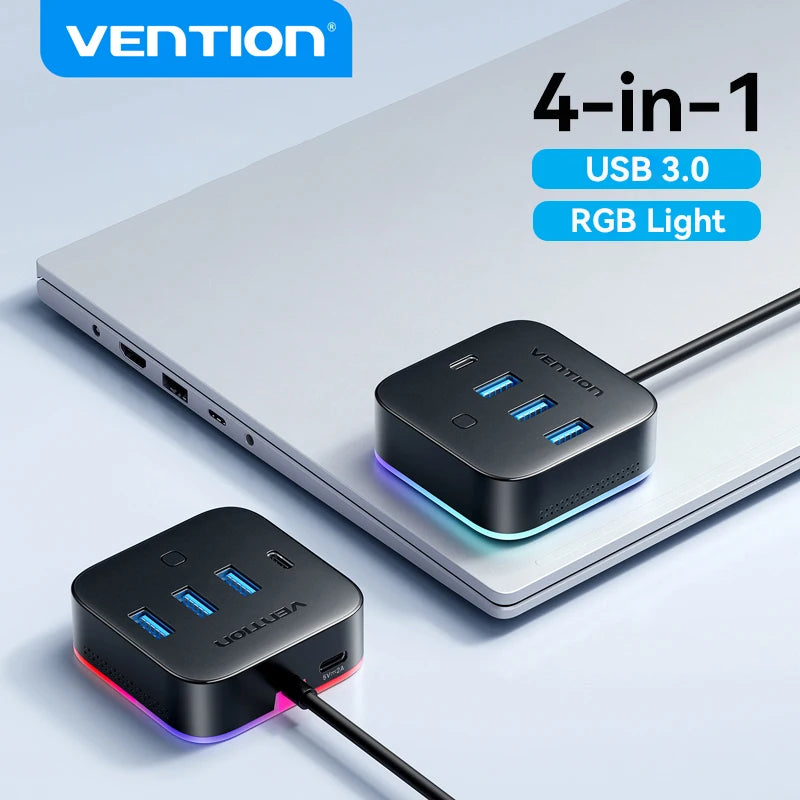 Vention USB 3.0 / USB‑C 3.2 Gen1 RGB Hub | 4‑Port 5Gbps Desktop Splitter for PC & Laptop