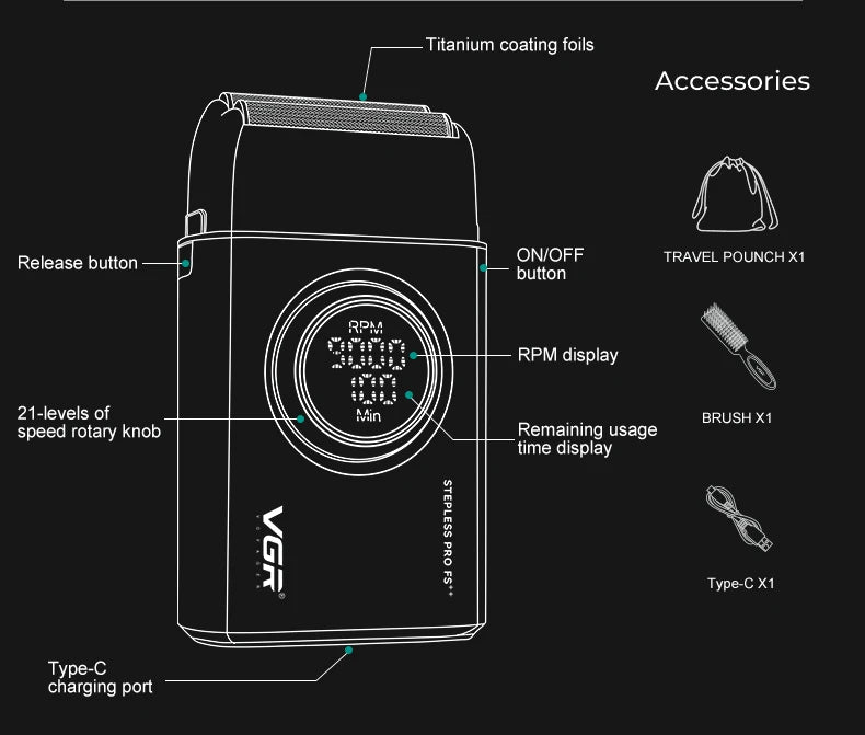 VGR Shaver Professional Razor Rechargeable Beard Trimmer Electric Shaver Digital Display Trimmer 9000 RPM Shaver for Man V-377