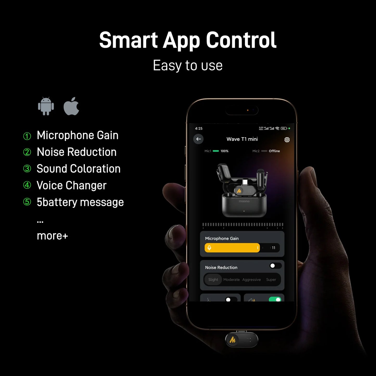 Maono T1 mini – Wireless AI Noise‑Cancelling Clip‑On Microphone | Auto‑Clipping & App Control for Professional Phone Video Recording