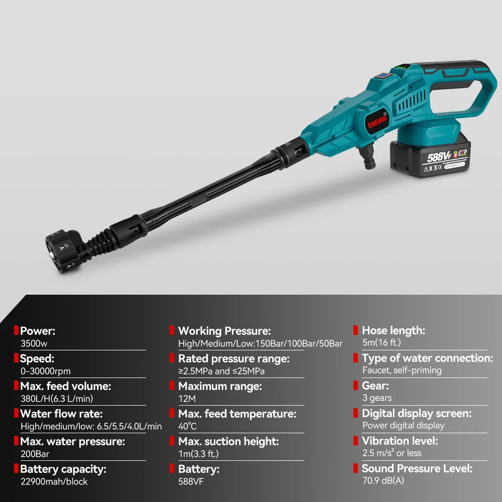 ONEVAN 3500W 200Bar Brushless High‑Pressure Washer | Cordless Car Wash Water Gun