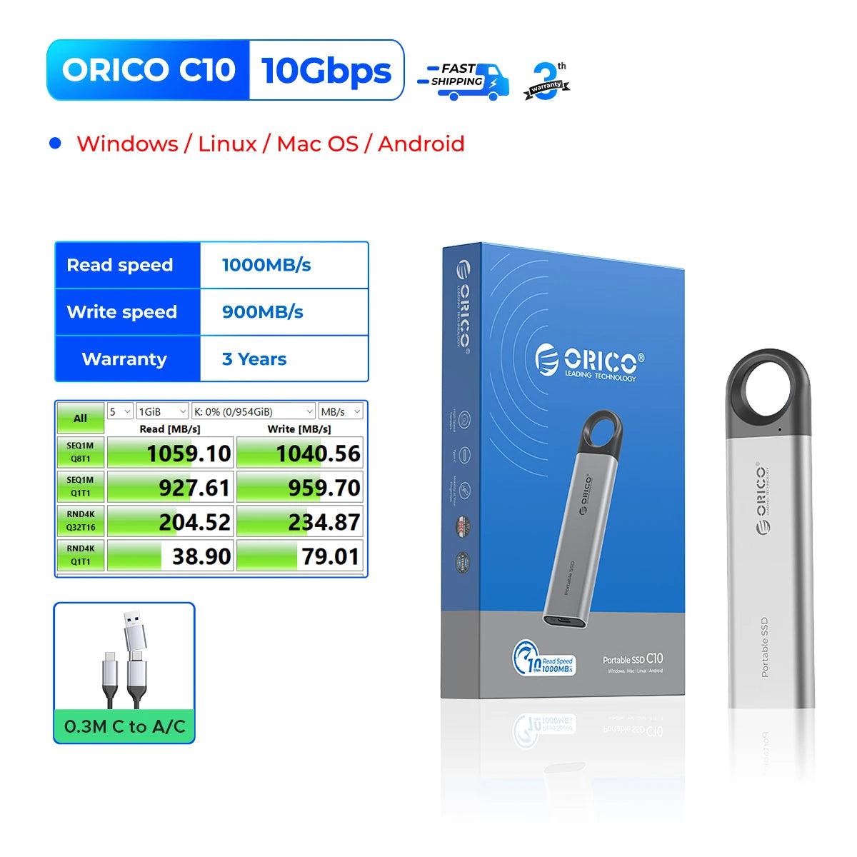 ORICO 1TB Portable External SSD – Up to 1050MB/s USB 3.2 High‑Speed Solid State Drive