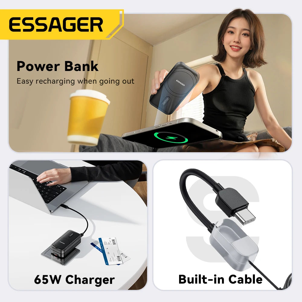 ESSAGER 3-in-1 Magnetic 65W GaN Charger Power Bank 5000mAh