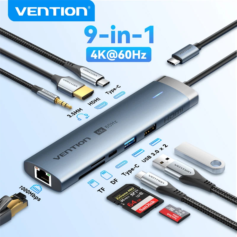 Vention USB‑C 9‑in‑1 Hub | HDMI 4K 60Hz, PD 100W, RJ45, USB 3.0 Docking Station