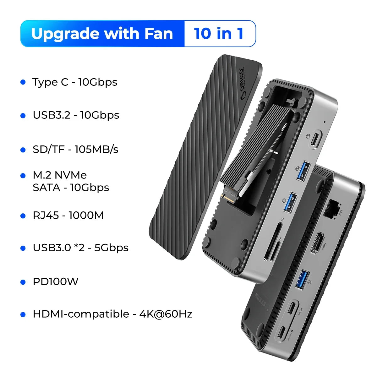 ORICO USB‑C Hub with Cooling Fan, M.2 NVMe/SATA SSD Enclosure