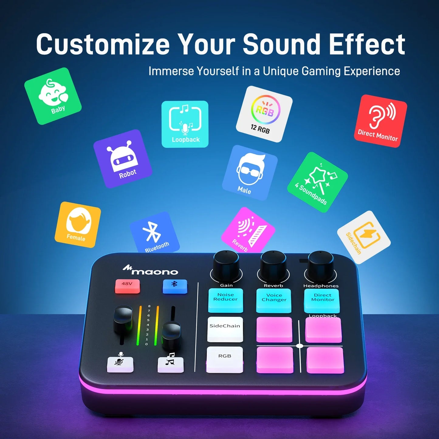 Maono G1 NEO – Gaming Audio Interface | 4‑Channel Mixer, Custom Sound Effects, RGB Lighting, XLR Input for Streaming & Podcasting