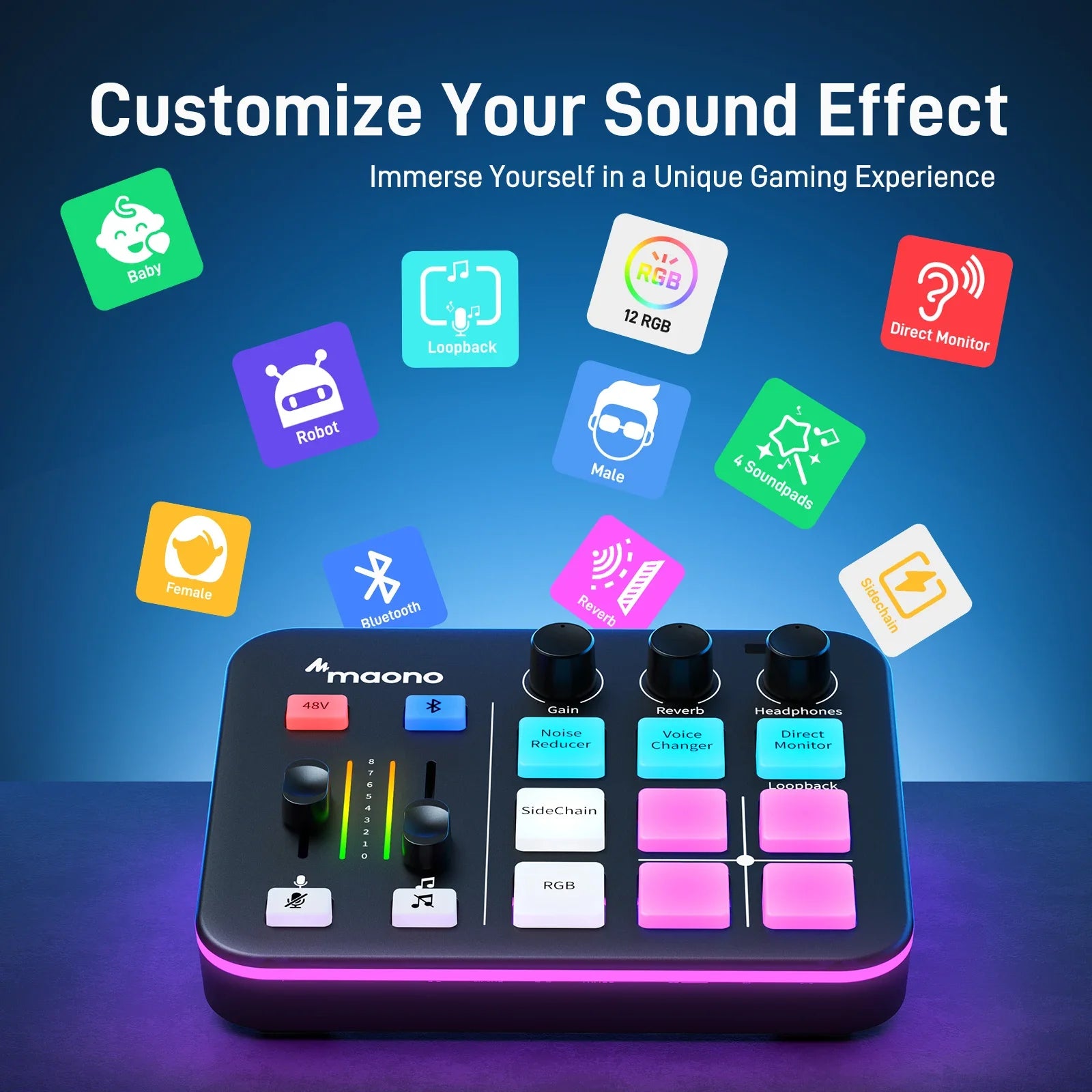 Maono G1 NEO – Gaming Audio Interface | 4‑Channel Mixer, Custom Sound Effects, RGB Lighting, XLR Input for Streaming & Podcasting