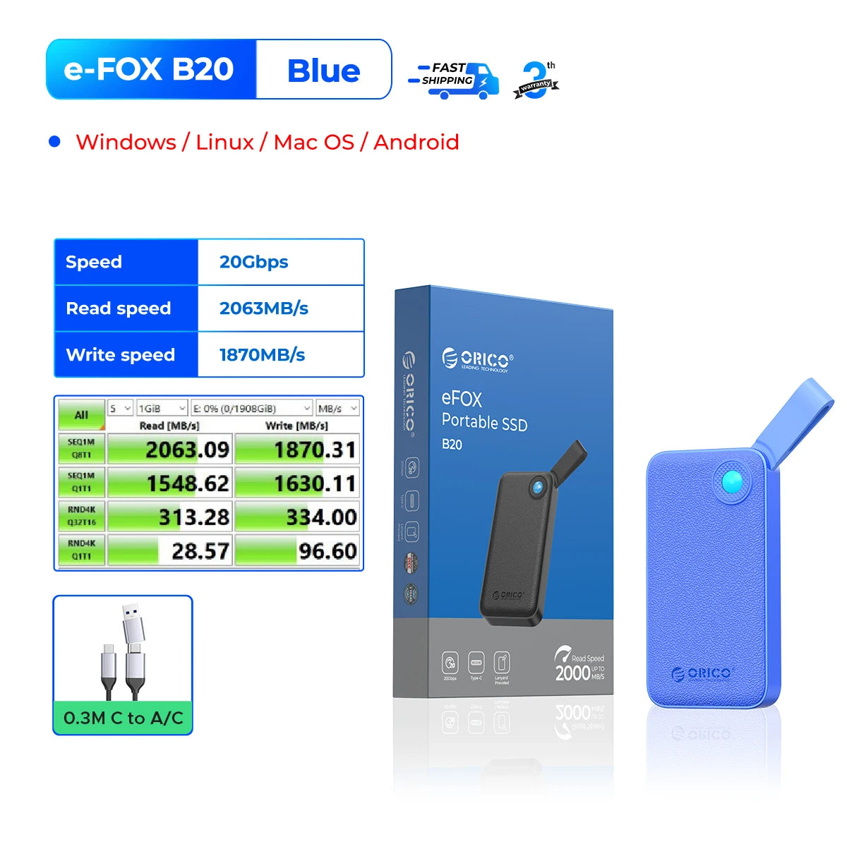 ORICO 2TB Ultra‑Mini Portable SSD – Up to 2000MB/s USB 3.2 Gen 2x2 External Solid State Drive