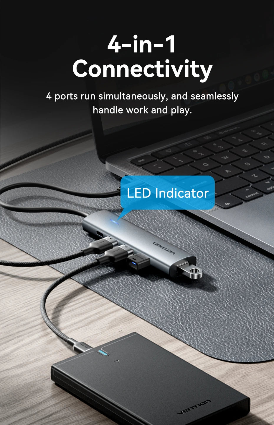Vention USB‑C to USB‑A 4‑Port Hub | High‑Speed USB 3.0 Splitter for MacBook & Laptops