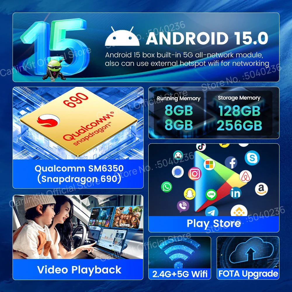 CarlinKit Android 15 SM6350 8+128GB Wireless CarPlay AI Box
