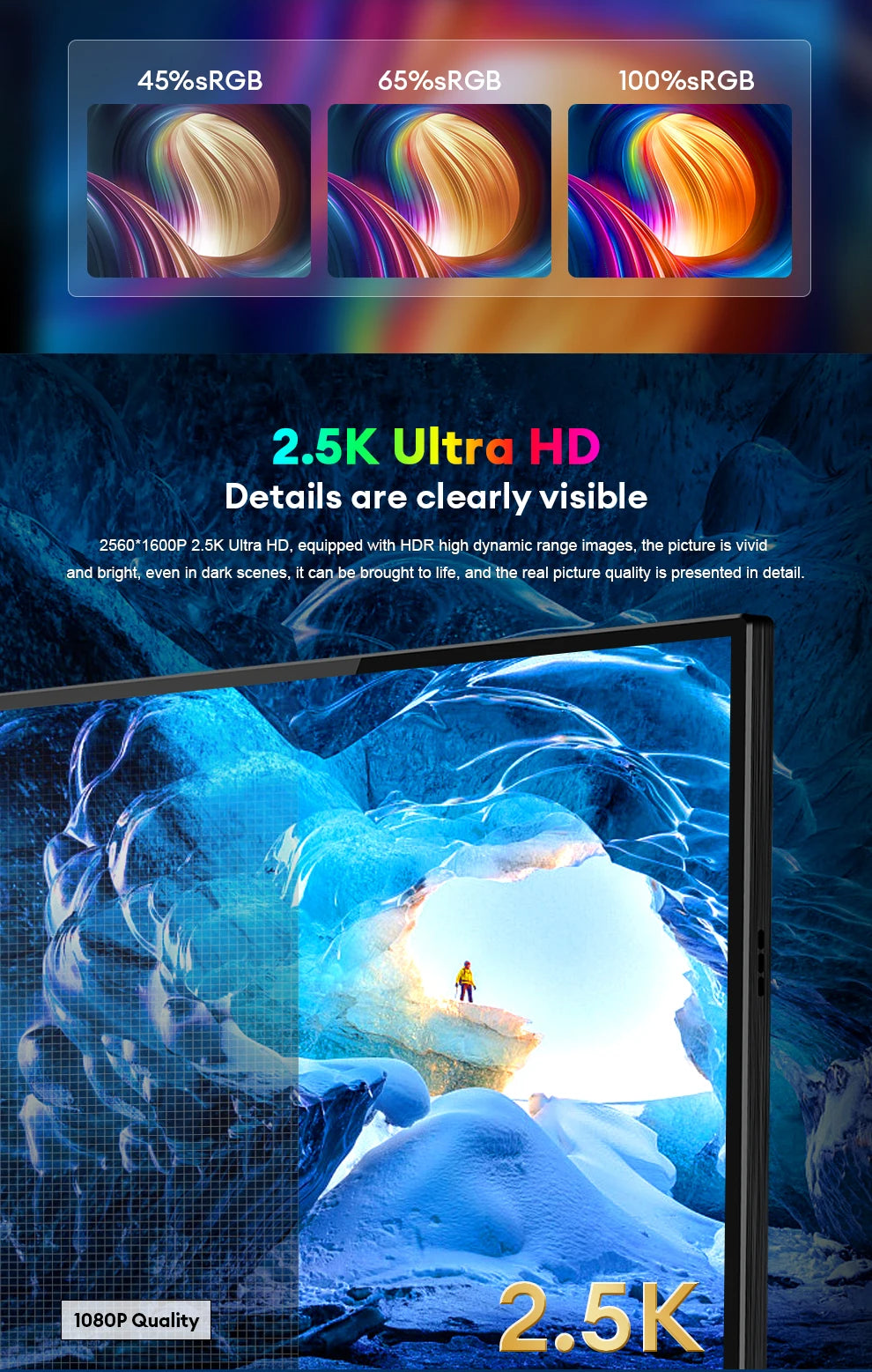 ZEUSLAP 16" 2.5K 144Hz Prenosni monitor na dotik | 2560×1600, 100 % sRGB, 500 nitov