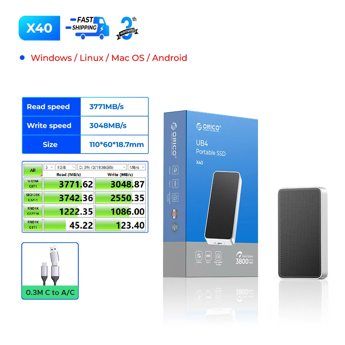 ORICO 40Gbps USB4 prenosni zunanji SSD NVMe – izjemno hiter pogon NVMe PCIe 4.0