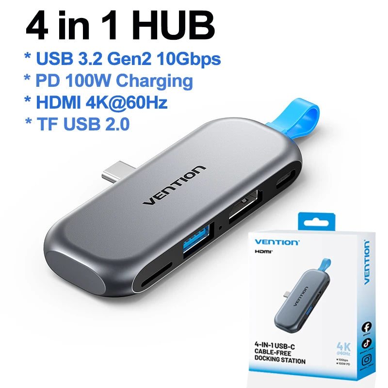 Vention USB‑C 4‑in‑1 Hub | USB 3.2 Gen2, 4K60Hz HDMI, PD 100W Portable Docking Station