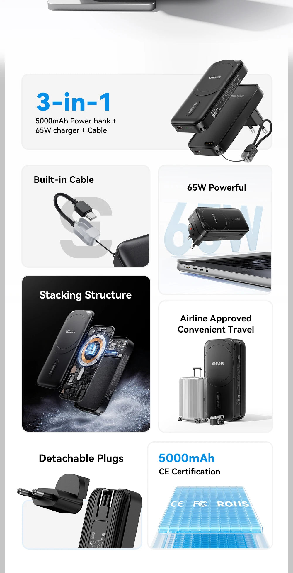 ESSAGER 3-in-1 Magnetic 65W GaN Charger Power Bank 5000mAh