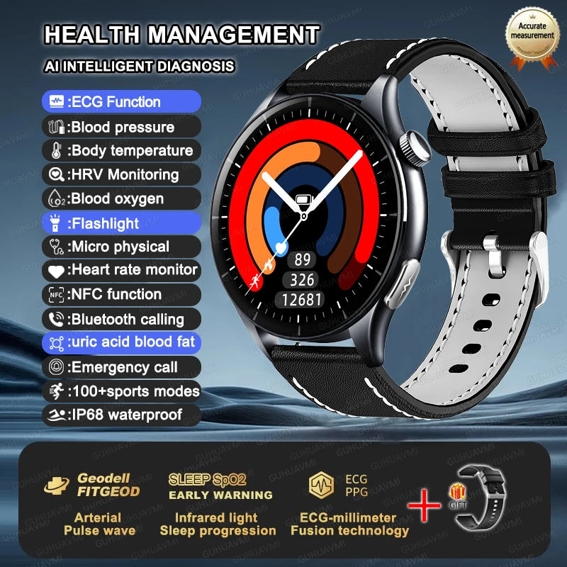 2025 New BMI Body Fat Blood Analysis Health Smartwatch NFC Bluetooth Call Smart Watch Led Flashlight Outdoor Sports Clock's Men - Limetastore