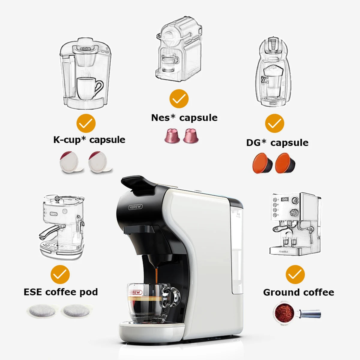 HiBREW 4-v-1 avtomatski kavni aparat na kapsule – penilnik vročega in hladnega mleka | združljiv z Nespresso, Dolce Gusto, mleto kavo
