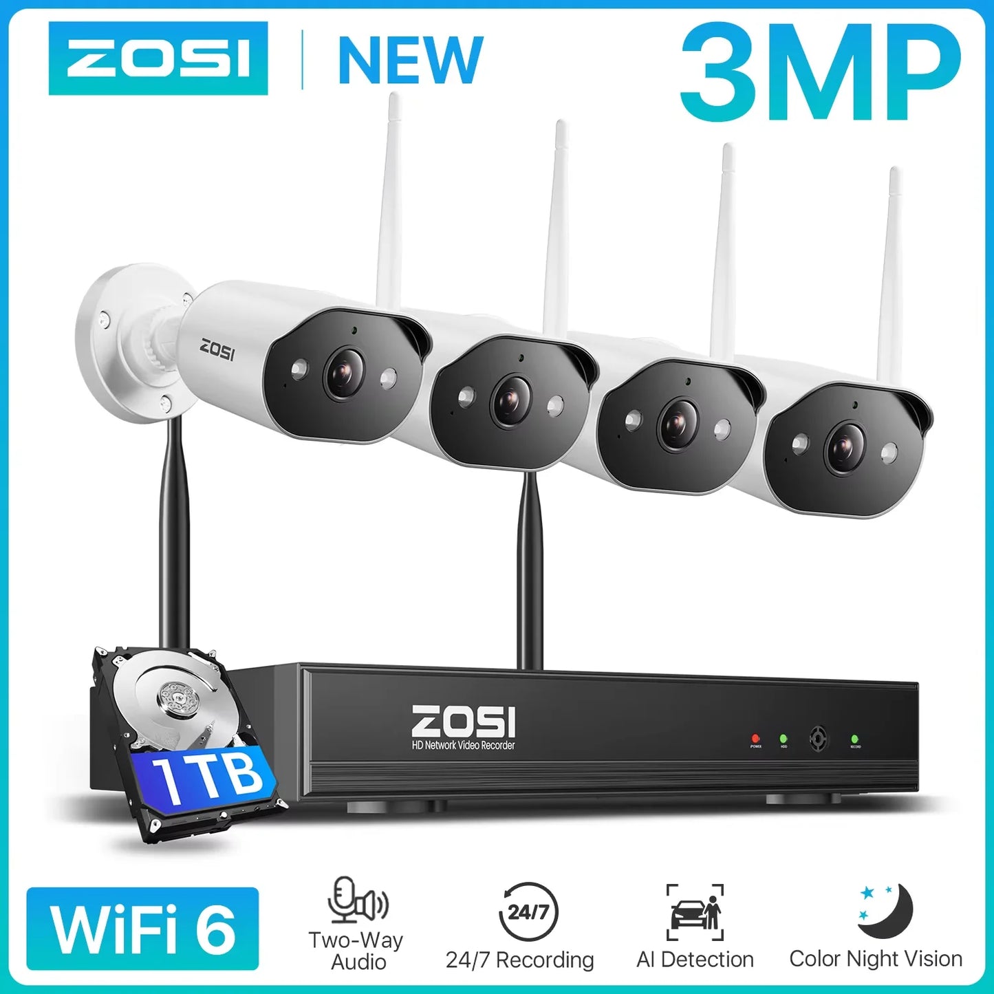ZOSI 2K Wi‑Fi 6 Security Camera System – 3MP Indoor/Outdoor Wireless IP Cameras with 2‑Way Audio