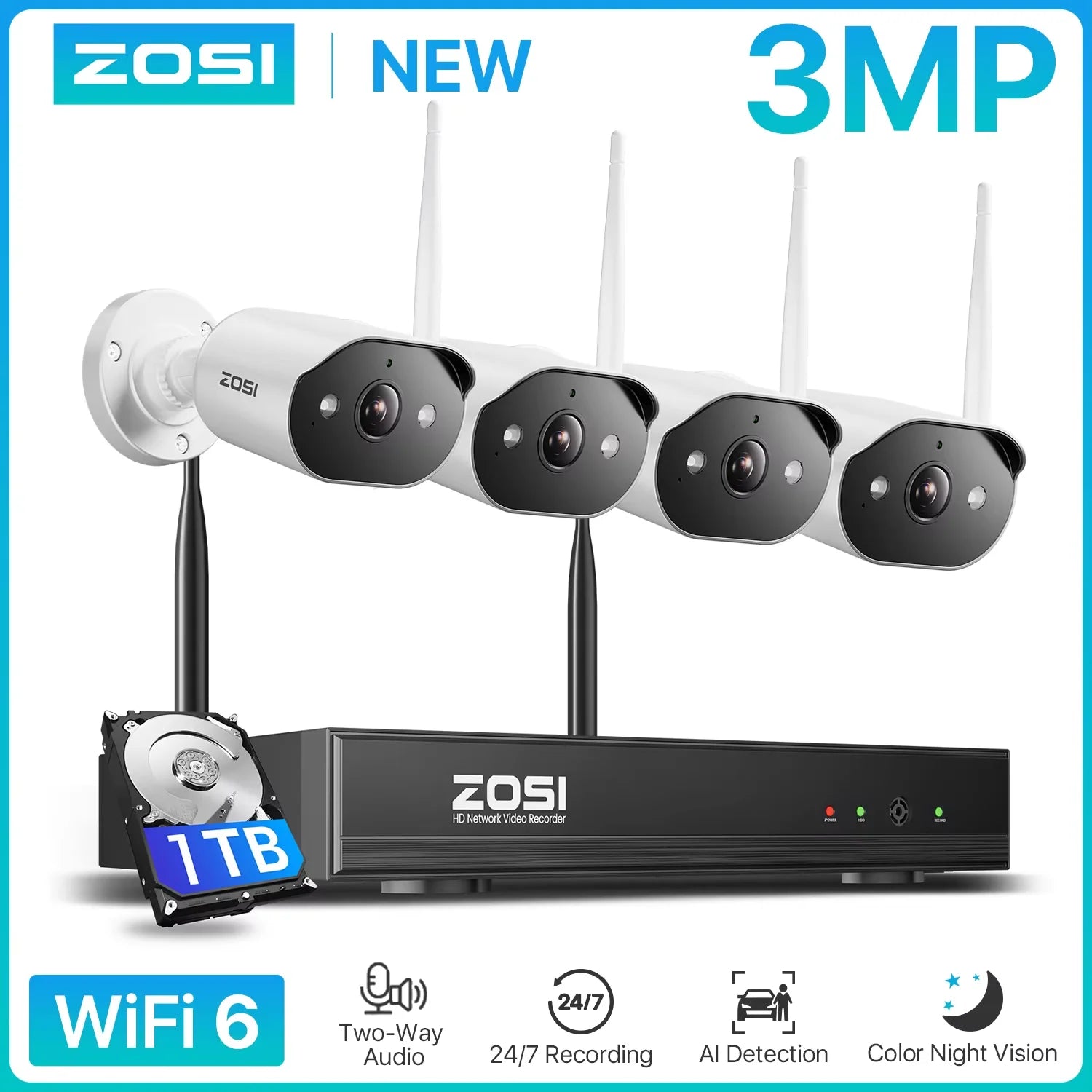 ZOSI 2K Wi‑Fi 6 Security Camera System – 3MP Indoor/Outdoor Wireless IP Cameras with 2‑Way Audio