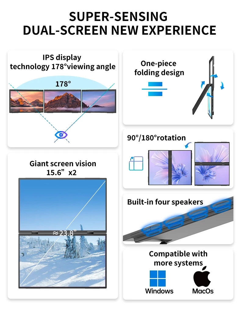 Sibolan 15.6 inch 4K Dual Screen Portable Monitor 60Hz Laptop Screen Extender Stackable Foldable Metal Material Triple Monitor - Limetastore