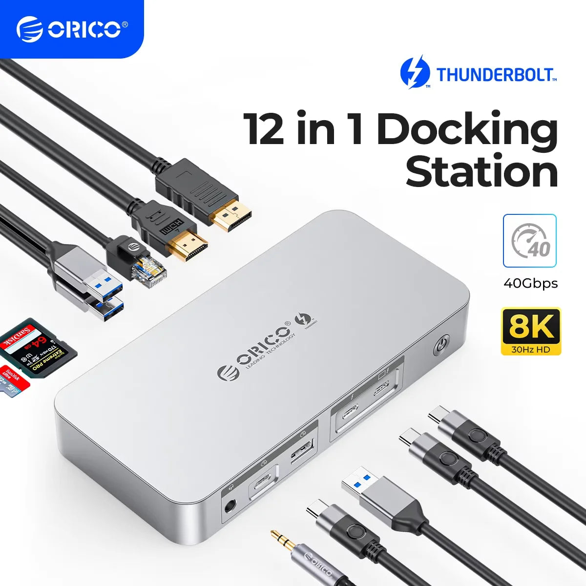 ORICO Thunderbolt 4 USB‑C Docking Station with 8K30Hz HDMI, USB 3.2 Gen2 Hub & Type‑C Splitter