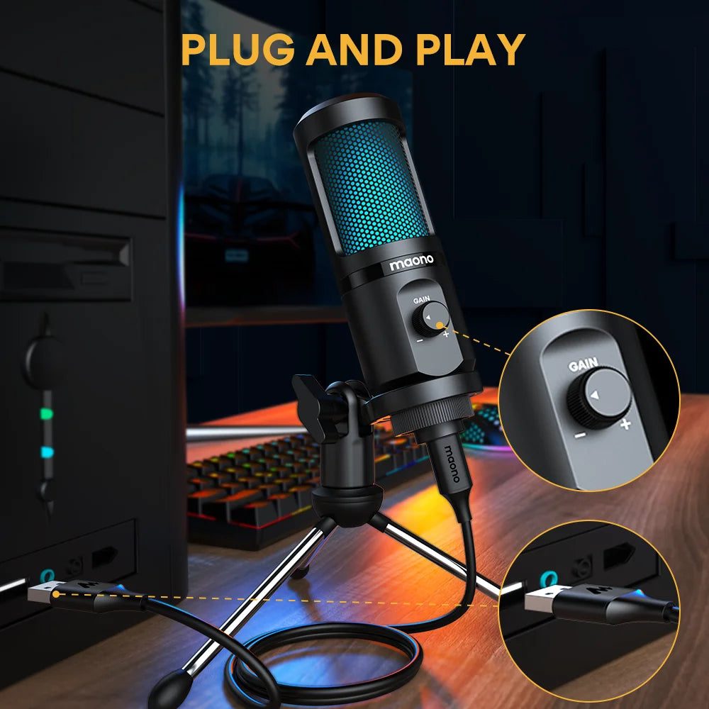 Maono PM461TR – RGB USB Gaming Condenser Microphone | Desktop Mic with Breathing Light for Podcasting, Streaming & Recording